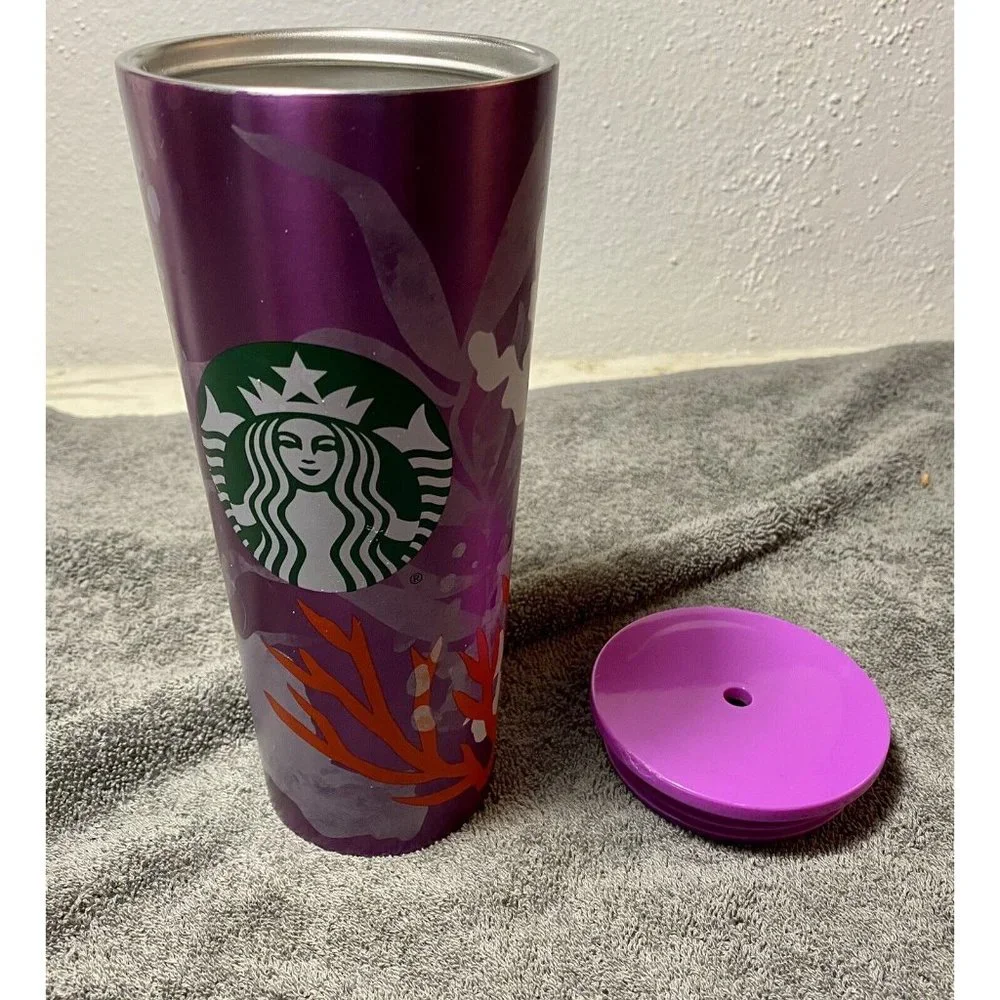 Starbucks Pink Purple Coral Reef metal 24 oz cold cup Tumbler 2021 NO STRAW ASIS